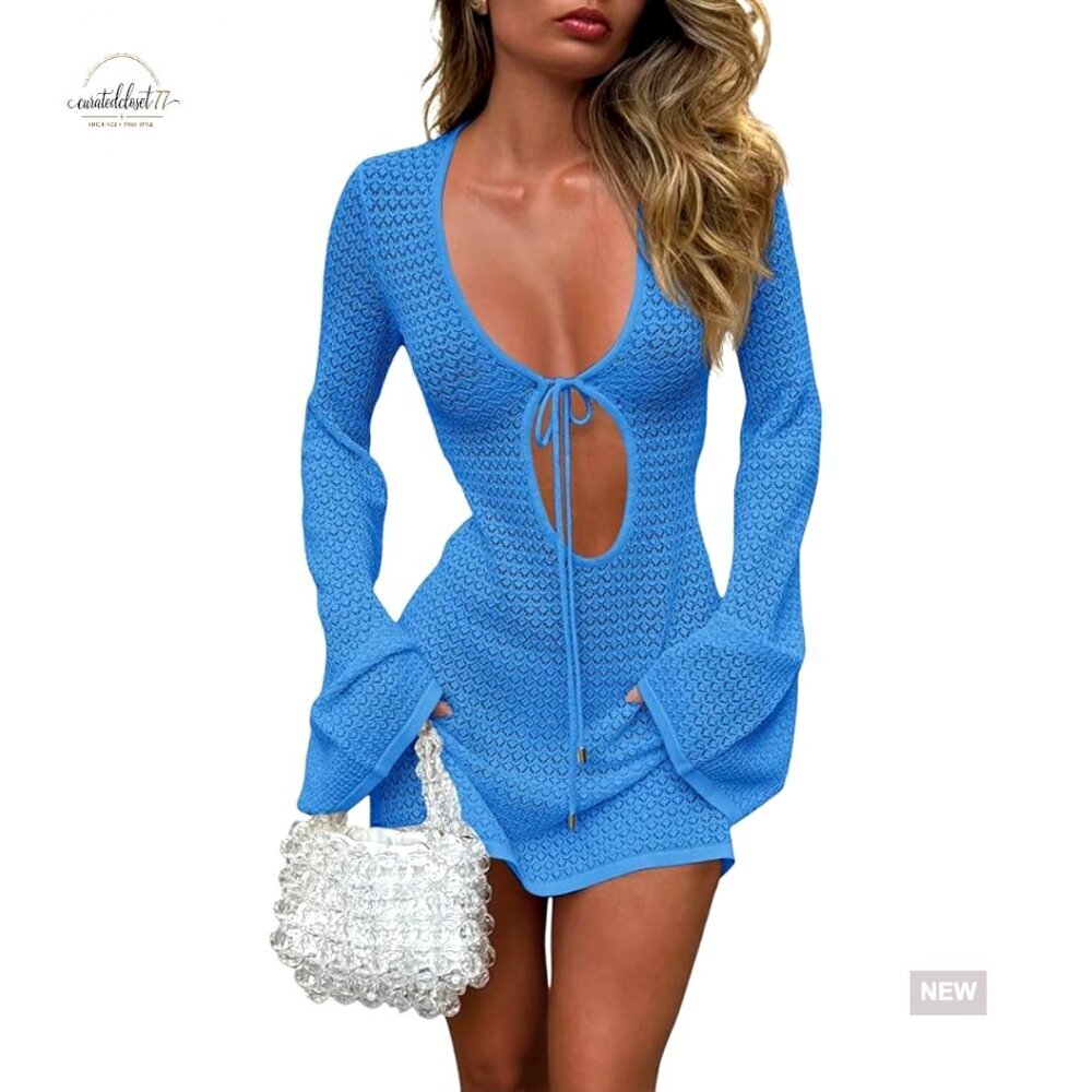 Viscose Crochet Cover Up Long Bell Sleeve V Neck Tie Mesh Beach Dress